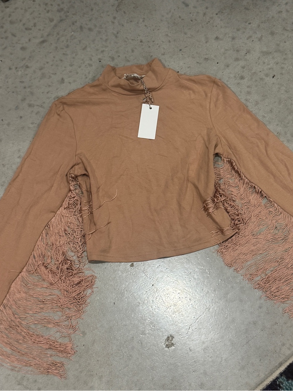 Ellison Fringe-Sleeve Mock Neck Crop Top - Tan